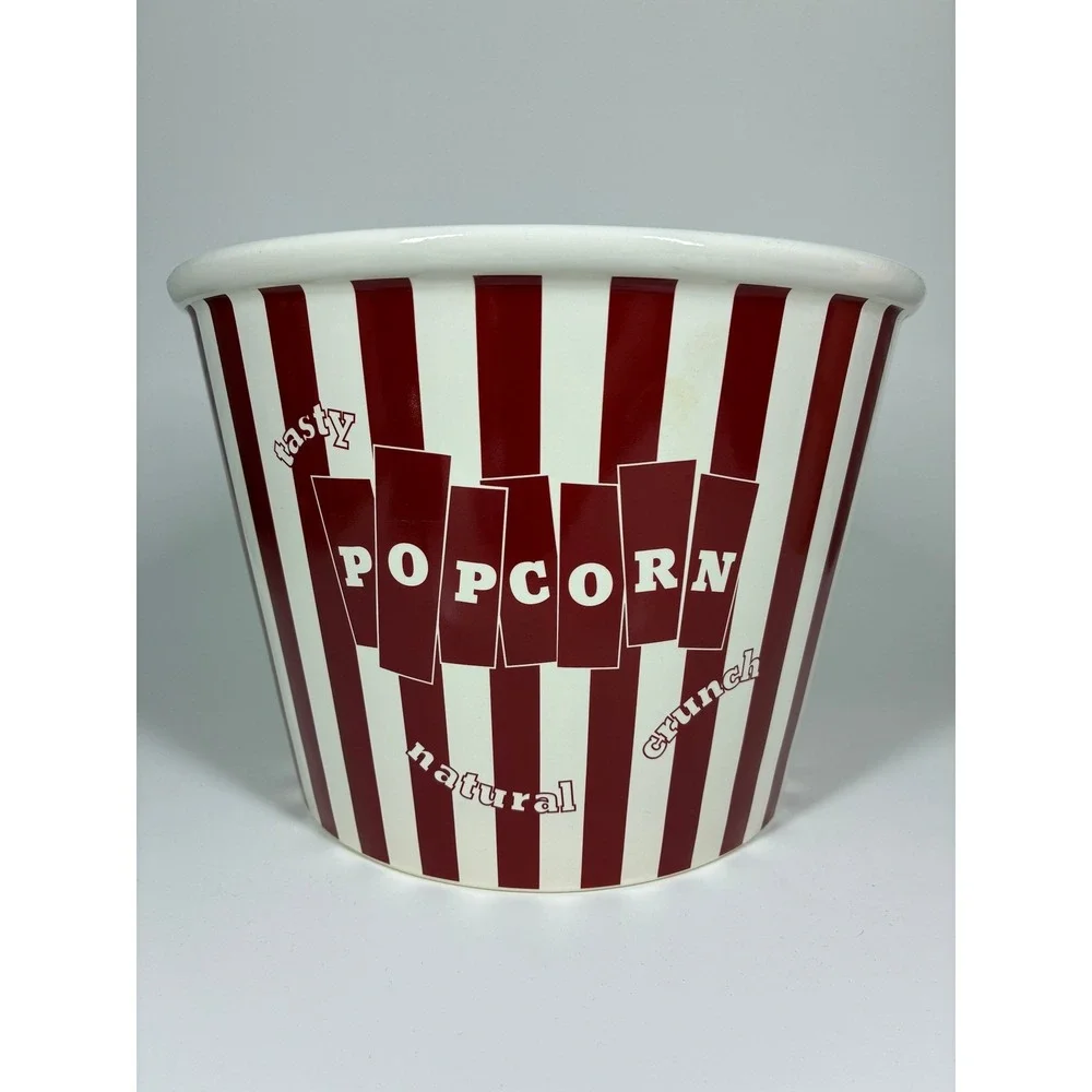 Williams Sonoma Popcorn Bowl Ceramic Red White Striped Admit One Movie Night